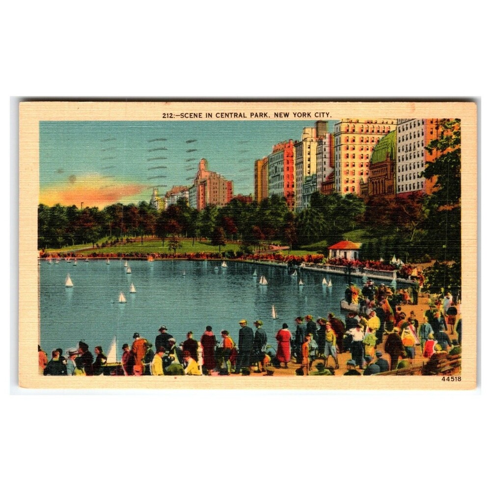 1946 Central Park NYC Linen Postcard - The Lake, Sailboats, City Skyline